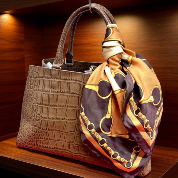 Unused  Cat In The Closet Leather Brown  Alligator Shoulder Bag+FREE Silk Scarf - Picture 16 of 16